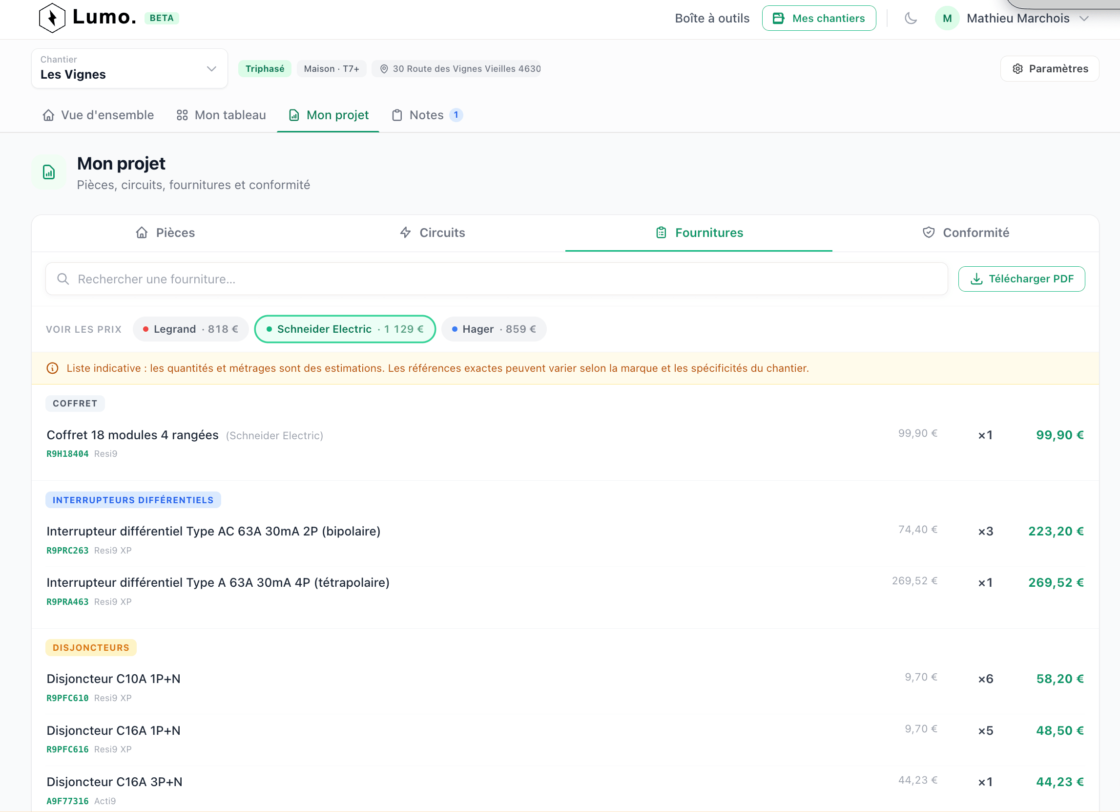 Liste de fournitures Lumo avec références fabricant, quantités et prix indicatifs par marque